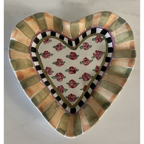 Mackenzie Childs Fluted Heart Trinket Tray Pink Roses Stripes